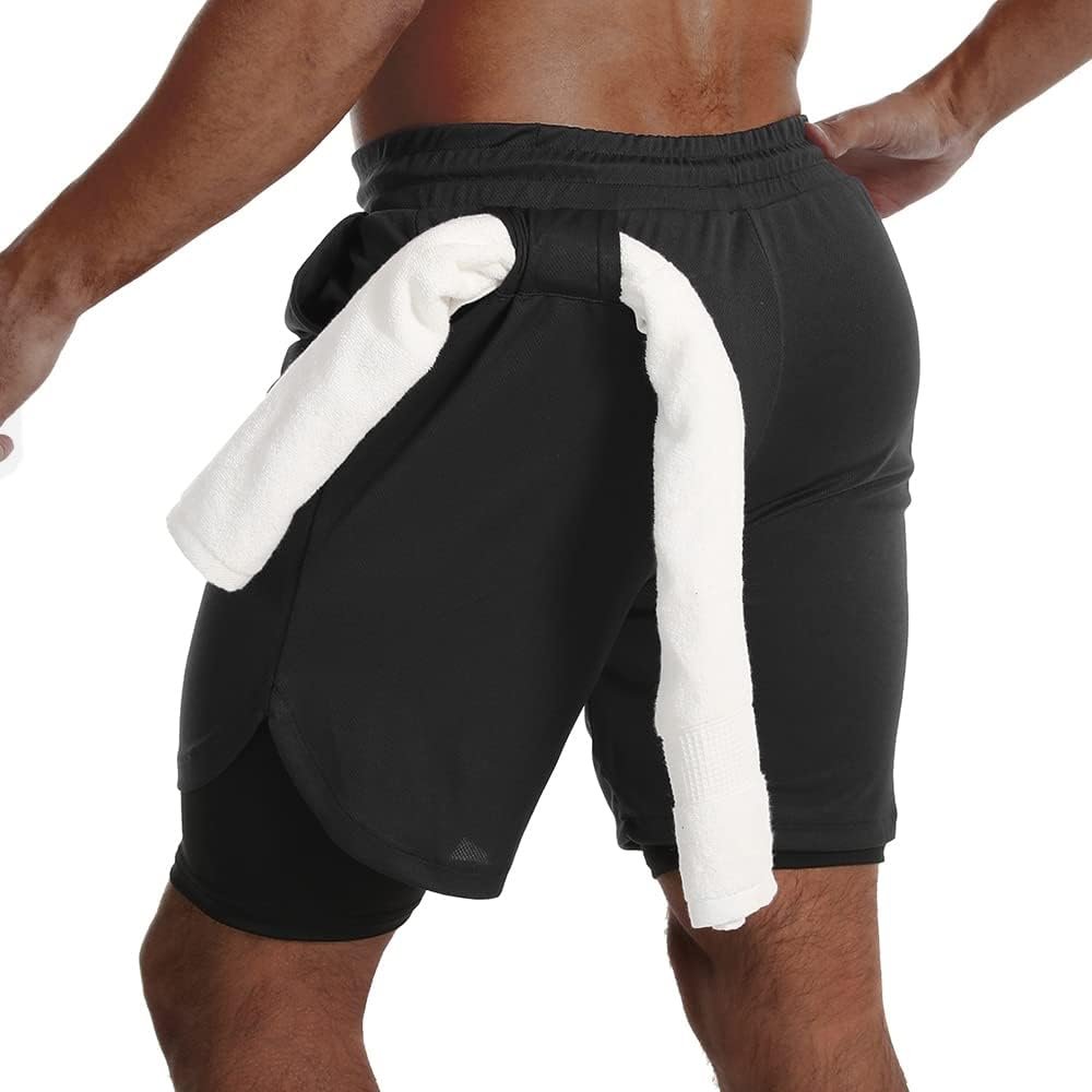 Men 2 in 1 Running Shorts Quick Dry Gym Athletic Workout Clothes with Side Pockets - Image 2