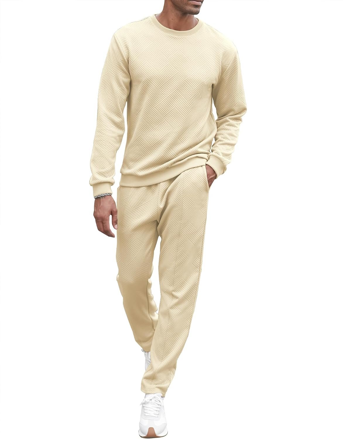 Men Tracksuit Knit Jacquard 2 Piece Long Sleeve Pullover Jogging Tracksuit Athletic running Casual Sportswear