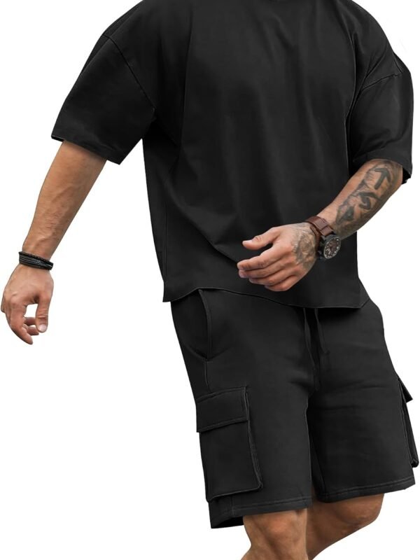 Men Short Sets 2 Piece Outfits Short Sleeve Crewneck Summer T Shirt and Drawstring Casual Track Shorts Set