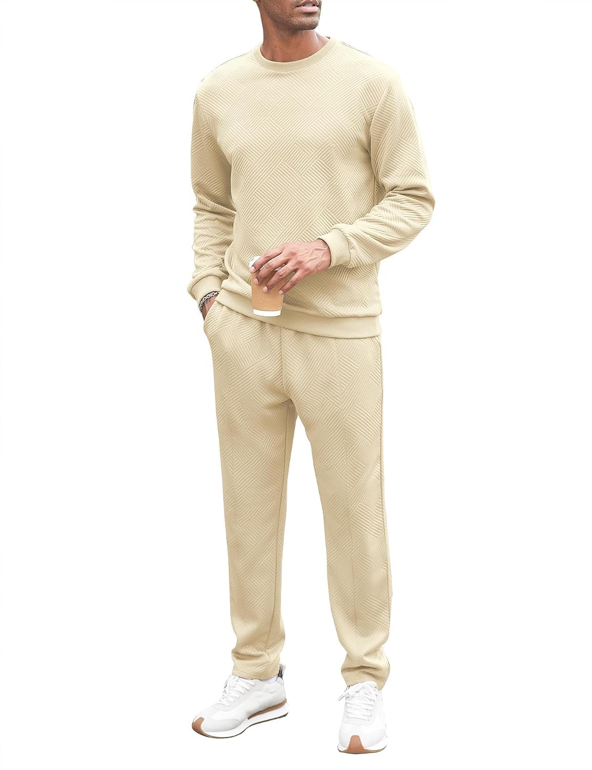 Men Tracksuit Knit Jacquard 2 Piece Long Sleeve Pullover Jogging Tracksuit Athletic running Casual Sportswear - Image 2