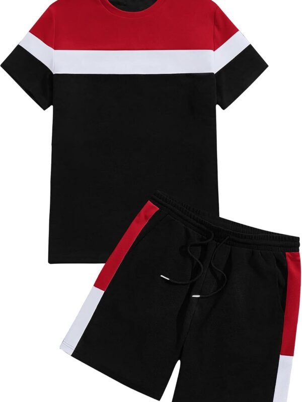 Men Short Sleeve Colorblock T Shirt & Shorts Sweatsuit Set Summer 2 Piece Outfits Casual Athletic Sports Tracksuit
