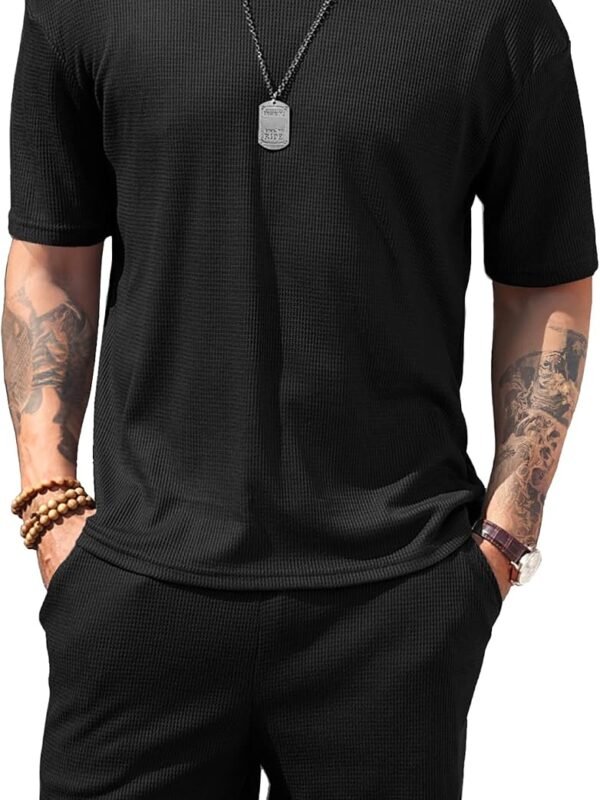 Men Short Sets 2 Pieces Outfits Waffle Knit Lounge Set Short Sleeve Summer Casual Tracksuit