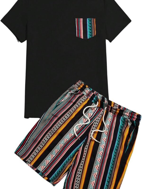 Men 2 Piece Tracksuit Sets Short Sleeve Tee Top and Striped Shorts Sets